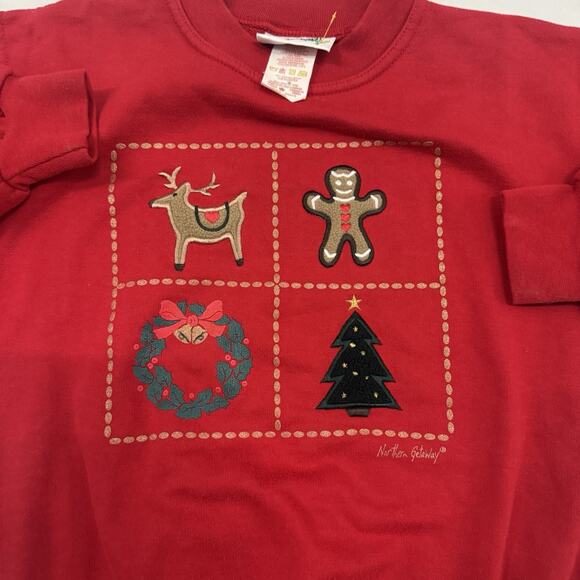 Vintage 90s Christmas Sweatshirt Size S Youth Crewneck Patches Tree Reindeer Red - Picture 2 of 7